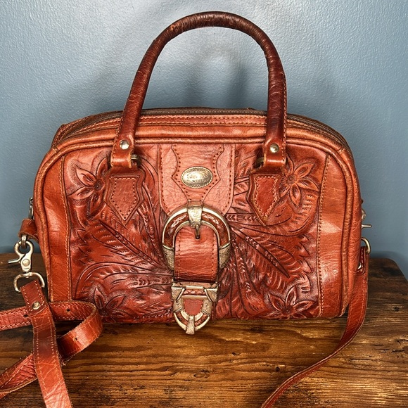 Vintage American West Tooled Leather Boho Hippie Western Doctor Dome Bag - Picture 3 of 9